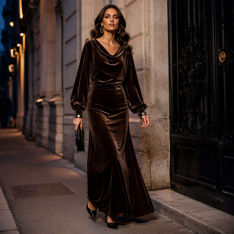 ✨👗Vestido elegante de veludo com gola alta para mulher