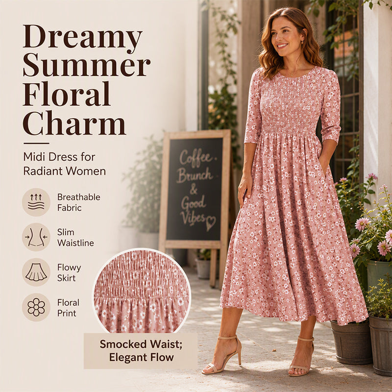 ✨👗Vestido feminino com estampado floral e franzido