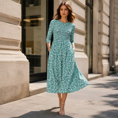 ✨👗Vestido feminino com estampado floral e franzido