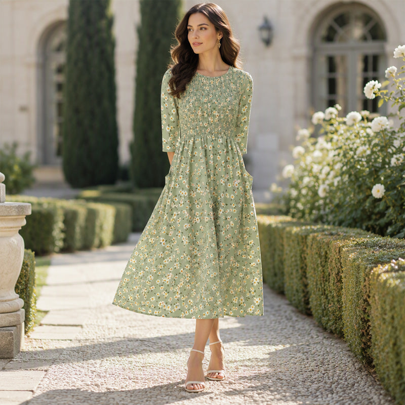 ✨👗Vestido feminino com estampado floral e franzido