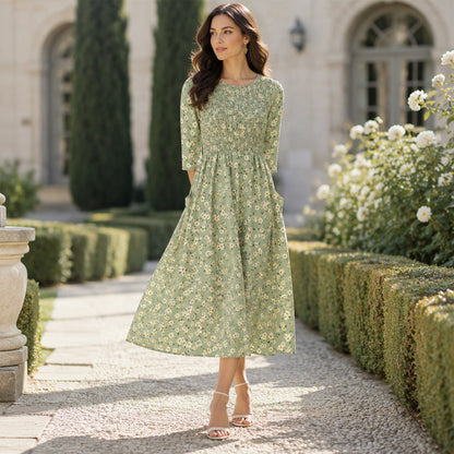 ✨👗Vestido feminino com estampado floral e franzido