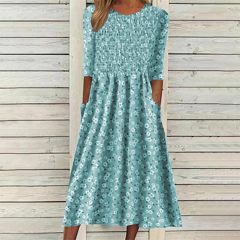 ✨👗Vestido feminino com estampado floral e franzido
