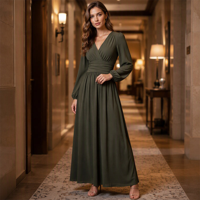 ✨👗Vestido maxi feminino com decote em V profundo e fenda alta