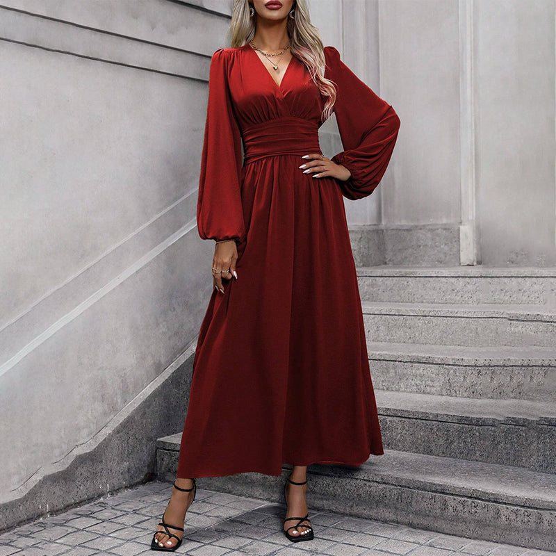 ✨👗Vestido maxi feminino com decote em V profundo e fenda alta