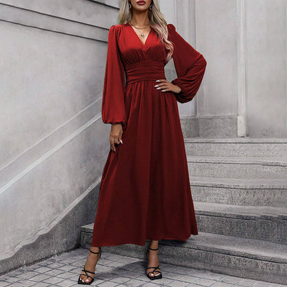 ✨👗Vestido maxi feminino com decote em V profundo e fenda alta