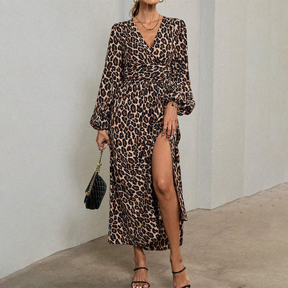 ✨👗Vestido maxi feminino com decote em V profundo e fenda alta