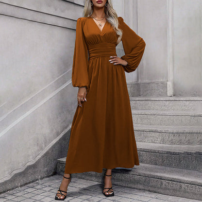 ✨👗Vestido maxi feminino com decote em V profundo e fenda alta