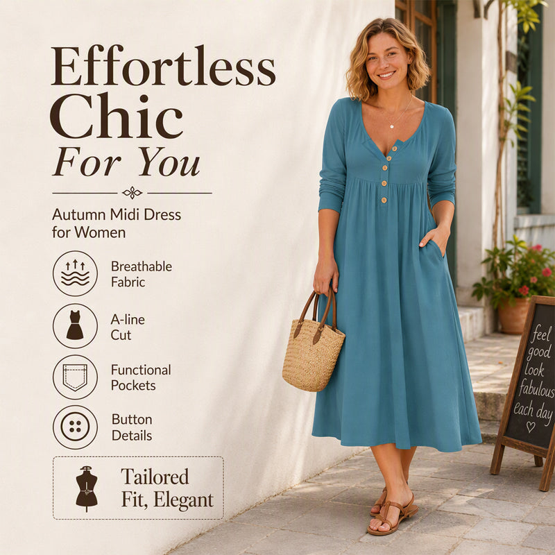 ✨👗Vestido plissado com decote em V e botões para mulher