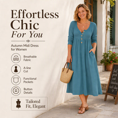 ✨👗Vestido plissado com decote em V e botões para mulher