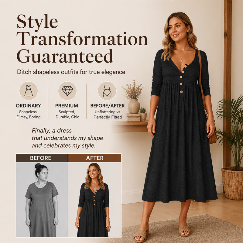 ✨👗Vestido plissado com decote em V e botões para mulher