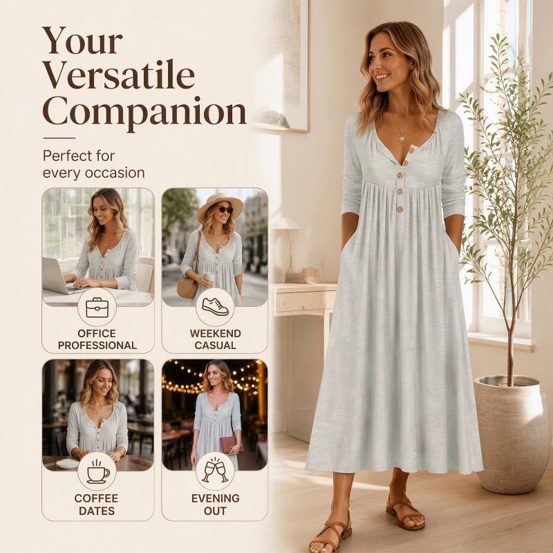 ✨👗Vestido plissado com decote em V e botões para mulher