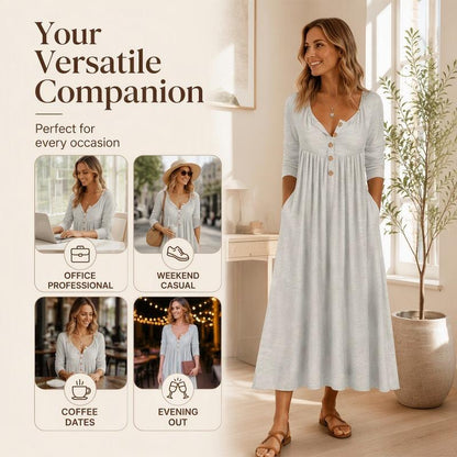 ✨👗Vestido plissado com decote em V e botões para mulher