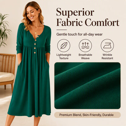 ✨👗Vestido plissado com decote em V e botões para mulher