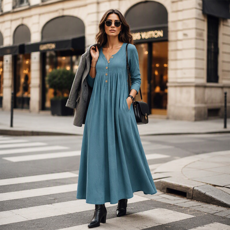 ✨👗Vestido plissado com decote em V e botões para mulher