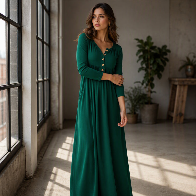✨👗Vestido plissado com decote em V e botões para mulher