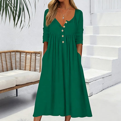 ✨👗Vestido plissado com decote em V e botões para mulher