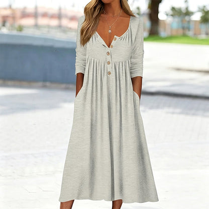✨👗Vestido plissado com decote em V e botões para mulher