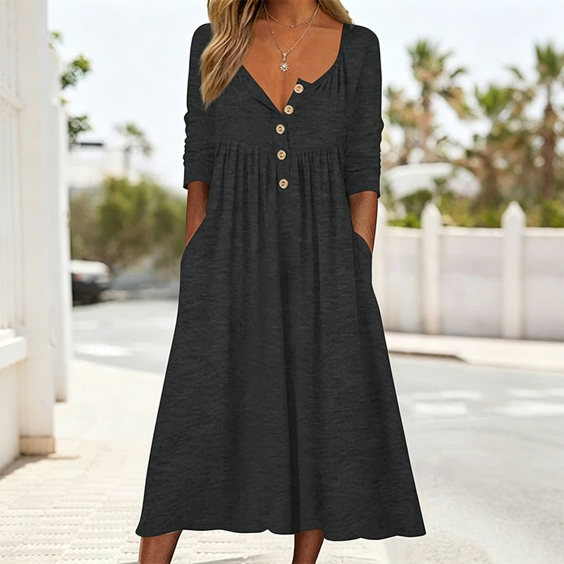 ✨👗Vestido plissado com decote em V e botões para mulher
