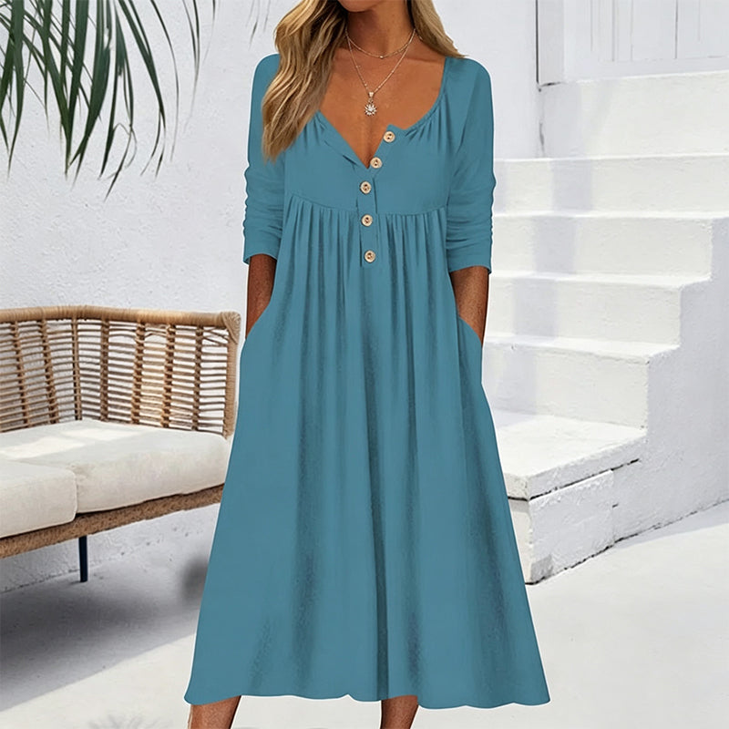 ✨👗Vestido plissado com decote em V e botões para mulher