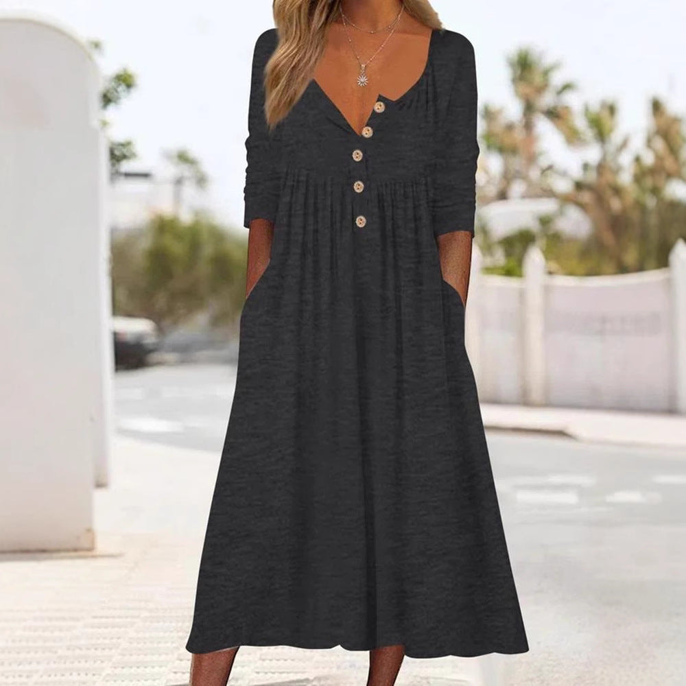 ✨👗Vestido plissado com decote em V e botões para mulher