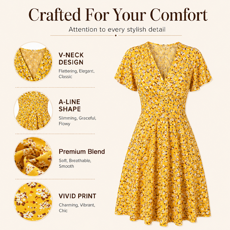 ✨👗Vestido de verão feminino com padrão floral e decote em V