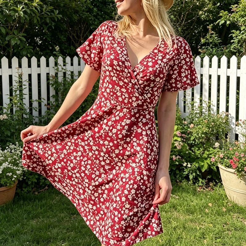 ✨👗Vestido de verão feminino com padrão floral e decote em V