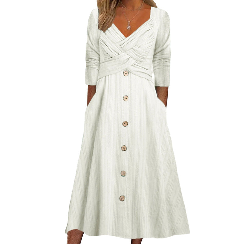 ✨👗Vestido casual feminino com decote em V e alças cruzadas
