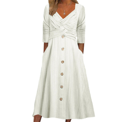 ✨👗Vestido casual feminino com decote em V e alças cruzadas