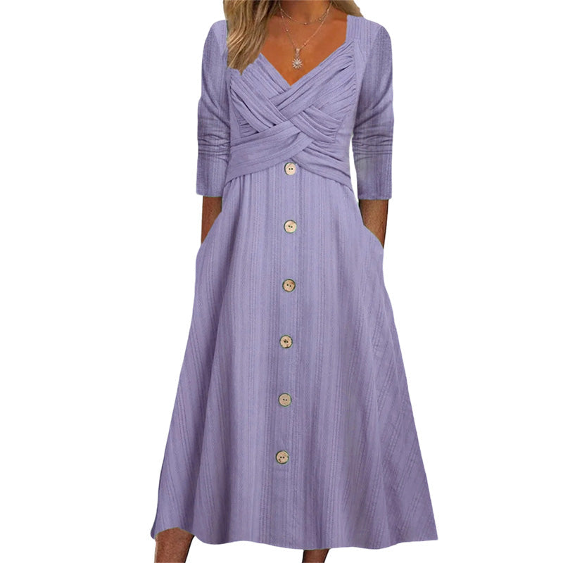 ✨👗Vestido casual feminino com decote em V e alças cruzadas
