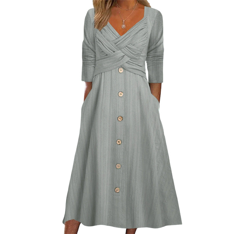 ✨👗Vestido casual feminino com decote em V e alças cruzadas