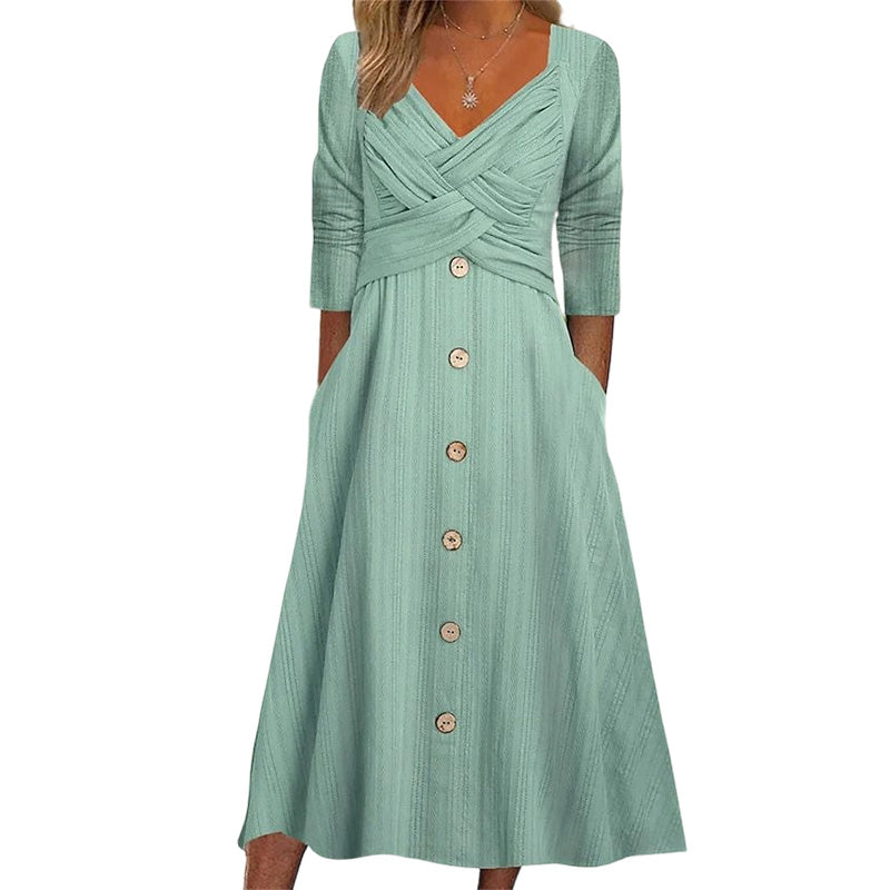 ✨👗Vestido casual feminino com decote em V e alças cruzadas