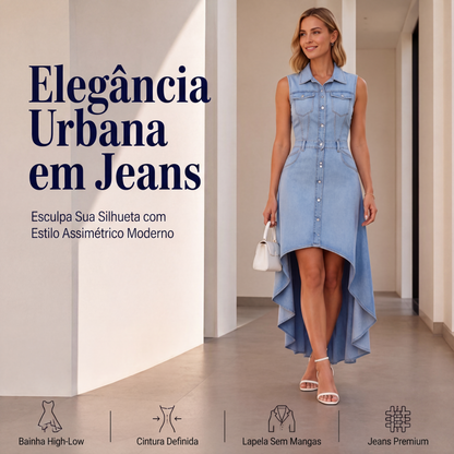 Vestido jeans sem manga para mulheres com bainha assimétrica