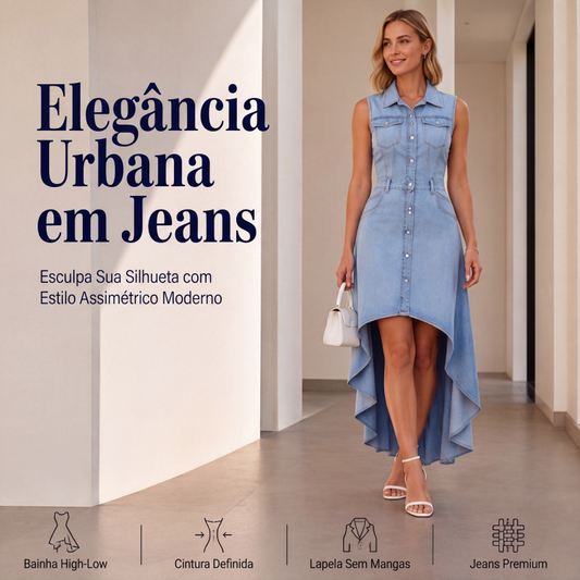 ✨👗Vestido jeans sem manga para mulheres com bainha assimétrica