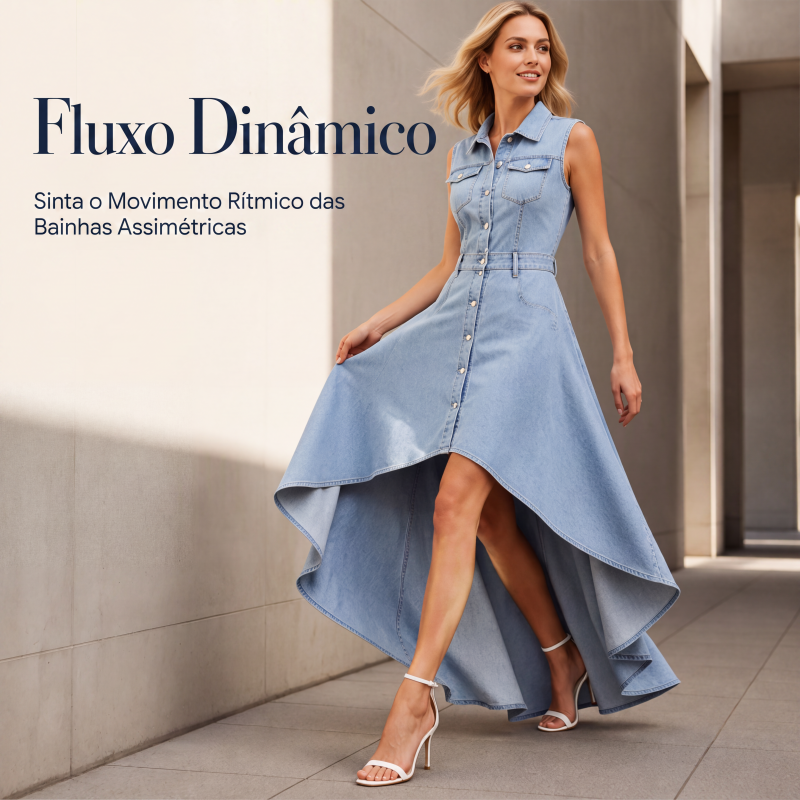 Vestido jeans sem manga para mulheres com bainha assimétrica