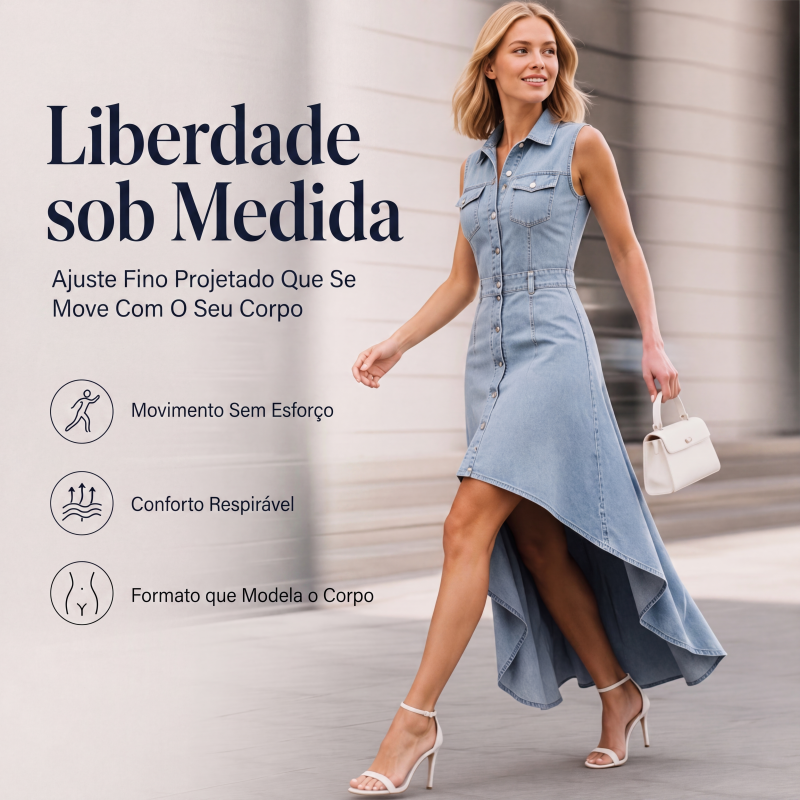 Vestido jeans sem manga para mulheres com bainha assimétrica