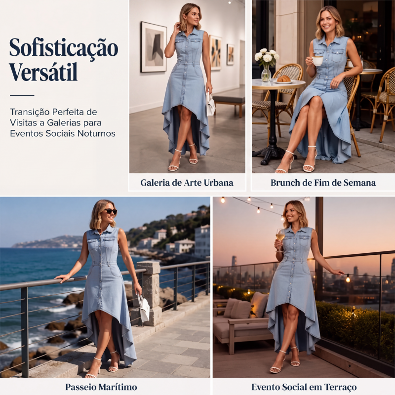Vestido jeans sem manga para mulheres com bainha assimétrica