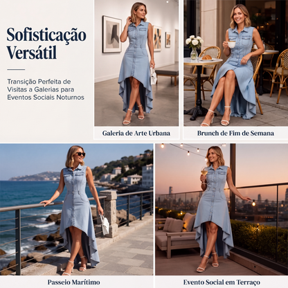 Vestido jeans sem manga para mulheres com bainha assimétrica