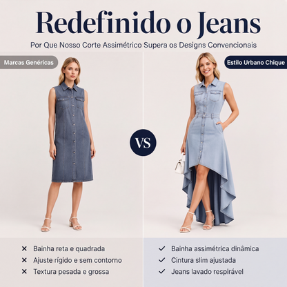 Vestido jeans sem manga para mulheres com bainha assimétrica