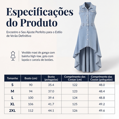 Vestido jeans sem manga para mulheres com bainha assimétrica