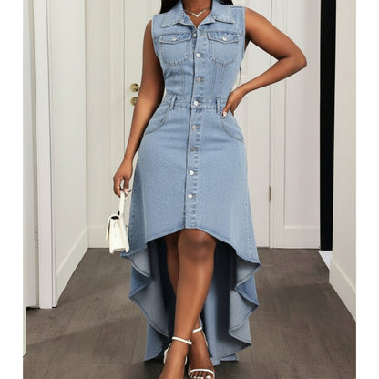 Vestido jeans sem manga para mulheres com bainha assimétrica