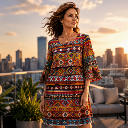 ✨👗Vestido feminino com estampa étnica, decote em V e camadas
