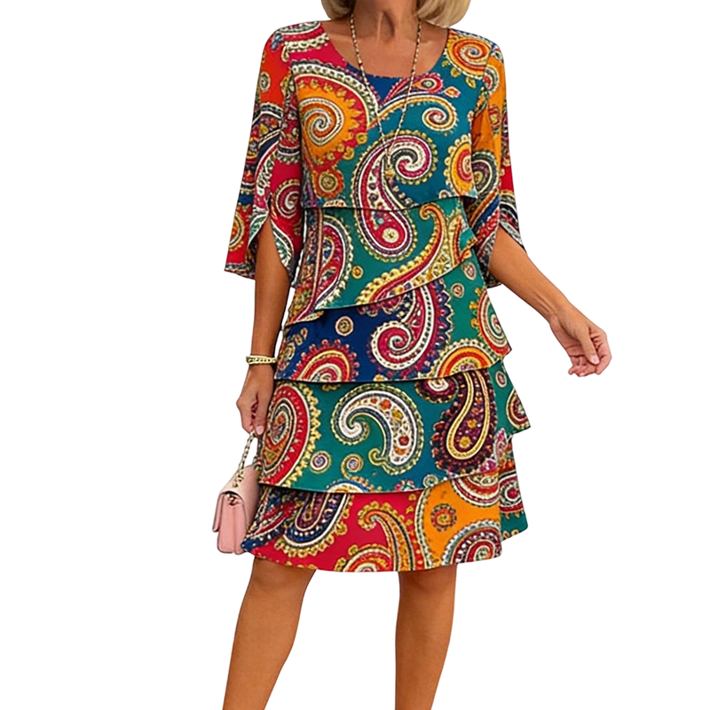 ✨👗Vestido feminino com estampa étnica, decote em V e camadas