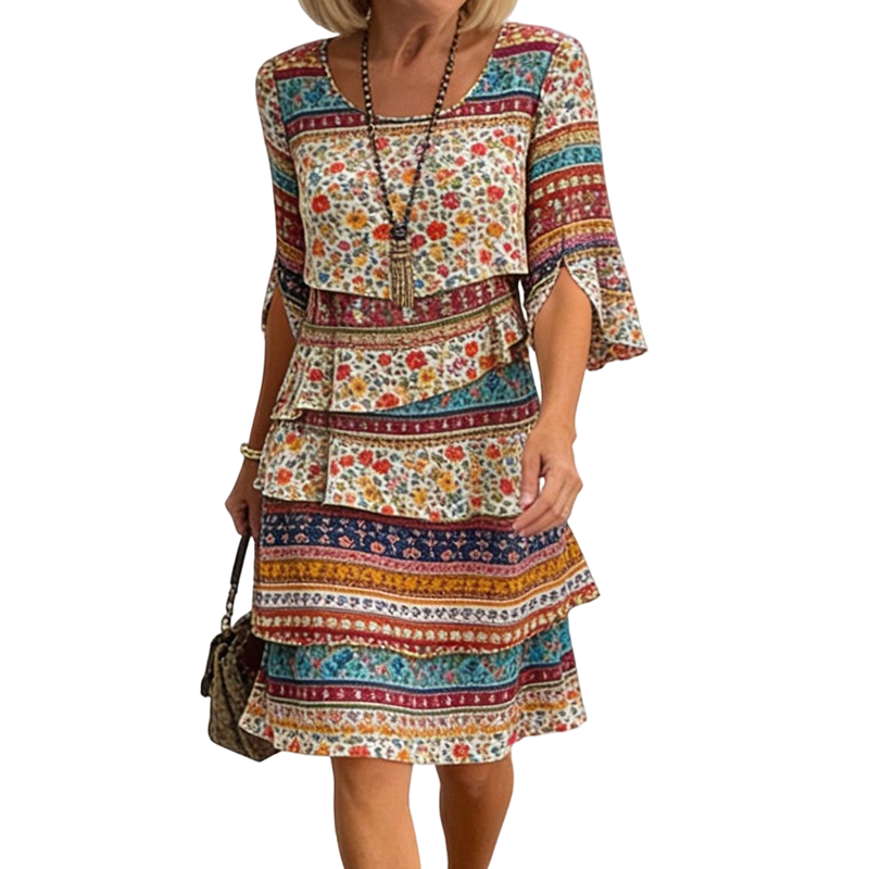 ✨👗Vestido feminino com estampa étnica, decote em V e camadas