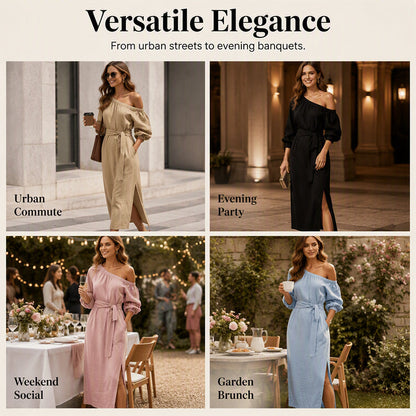 ✨👗Vestido elegante de um ombro só com cinto para mulher