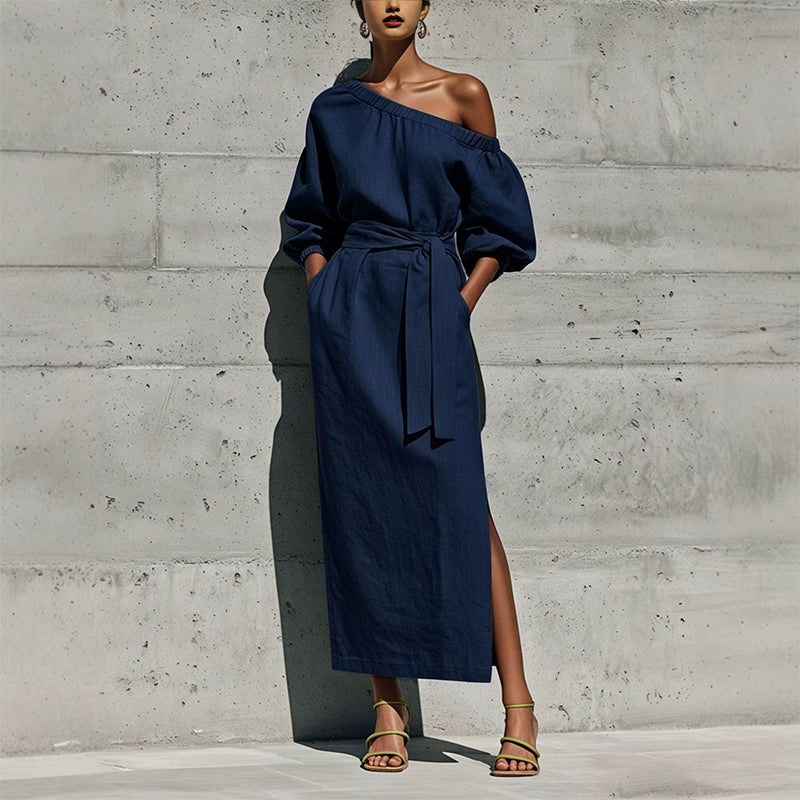 ✨👗Vestido elegante de um ombro só com cinto para mulher