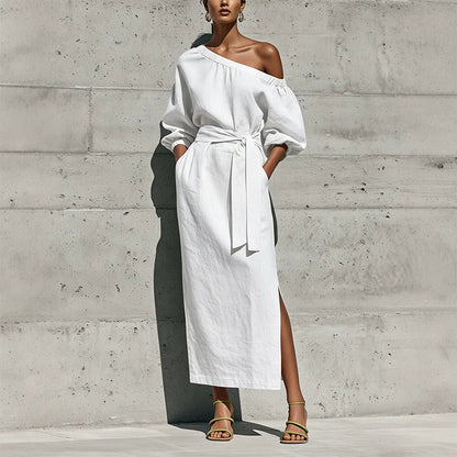 ✨👗Vestido elegante de um ombro só com cinto para mulher