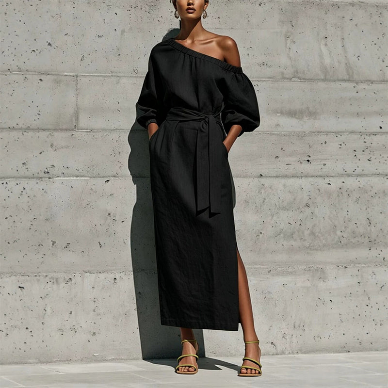 ✨👗Vestido elegante de um ombro só com cinto para mulher