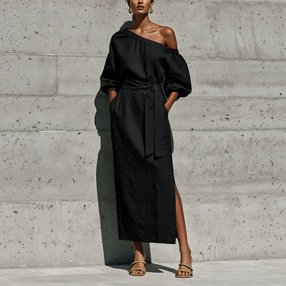 ✨👗Vestido elegante de um ombro só com cinto para mulher