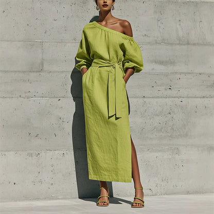 ✨👗Vestido elegante de um ombro só com cinto para mulher