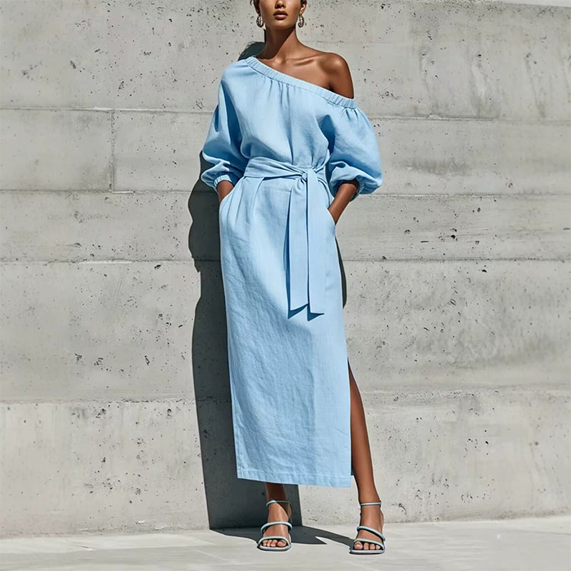 ✨👗Vestido elegante de um ombro só com cinto para mulher